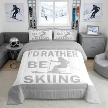 Imagem de Castle Fairy Conjunto de edredom com tema de esqui, Queen, tamanho Queen, 3 peças, silhueta de esquiador esportivo, para crianças, adolescentes e adultos, cinza, branco, patchwork, xadrez, edredom