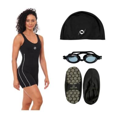 Imagem de Kit Macaquinho Natação Touca De Tecido Óculos Uv + Sapatilha Antiderrapante (Sapatilha Preto G - Óculos Preto, P)