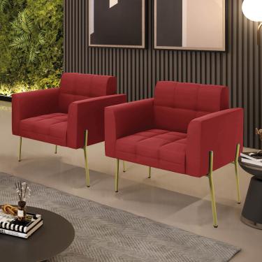 Imagem de Poltrona Sala Decorativa Kit 2 Elisa Pé Aço Lateral Dourado Veludo Marsala D03 - D'Rossi