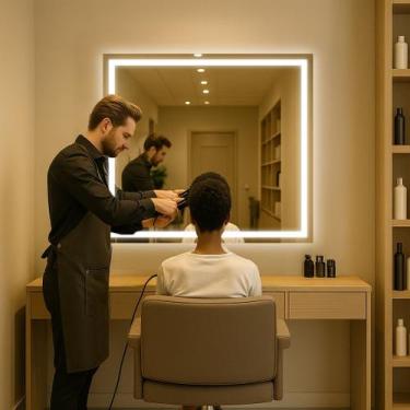 Imagem de Espelho Quadrado 100x100 Jateado Led 3 Cores e Touch para Salão De Bel