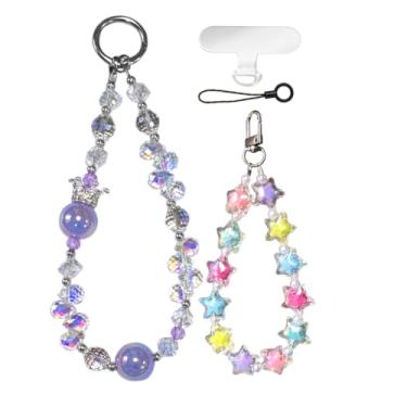 Imagem de GO-VOLMON Alças femininas com contas de cristal para telefone porta-chaves bolsas bolsa de câmera, design de coroa de charme estético feminino + pulseira de estrelas coloridas adoráveis, cordão