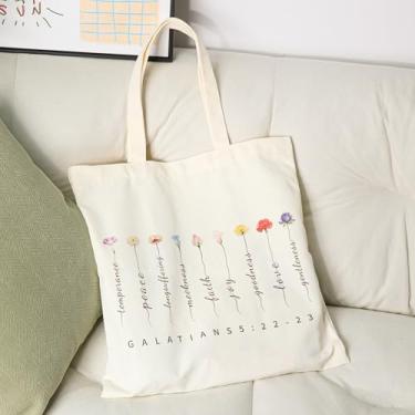 Imagem de emmoolife Sacola de lona com bolsos e fivela magnética, sacolas reutilizáveis bíblicas para mulheres e mulheres, panos estampados com fé bíblica cristã, bolsa de ombro de lona estética com tema floral