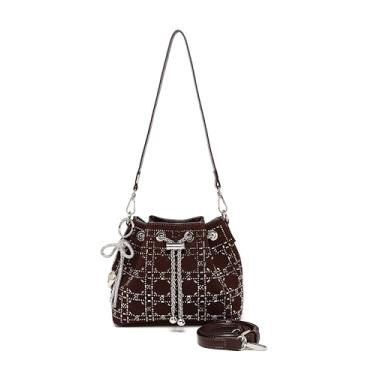 Imagem de Bolsa feminina xadrez enfeitada com cristal preto com cordão e alça de ombro ajustável para noite, Caramel, Small, Bolsa quadrada pequena transversal