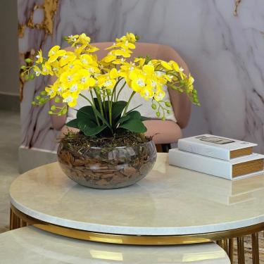 Imagem de Arranjo de Orquídeas Artificiais 3D Grande (12 Hastes) - Vaso Decorativo de Vidro, Perfeito para Decoração de Sala e Espaços Elegantes(Lilas)