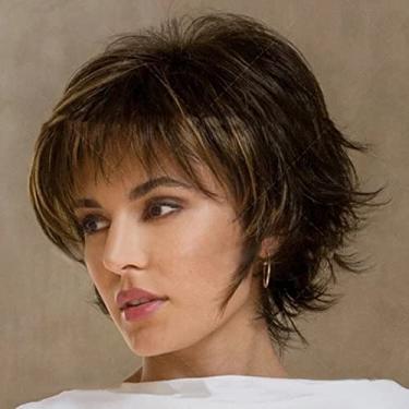 Imagem de Semme Perucas de Cabelo Curto Com Franja Em Camadas Onduladas Resistente Ao Calor Loira Sintética Mista Preta Marrom Peruca de Cor para Mulheres Uso Diário Festa
