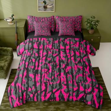 Imagem de Conjunto de cama queen com camuflagem rosa choque, preto, camuflado, caçador, com lençóis, fronhas e capa de almofada, para meninos e meninas, cama rústica de microfibra militar