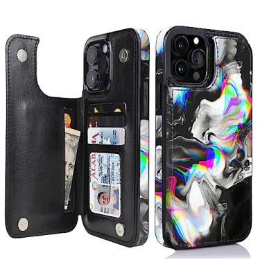 Imagem de uCOLOR Capa carteira compatível com iPhone 13 Pro Max de 6,7 polegadas com compartimento para cartão, suporte de couro PU, fecho magnético duplo e bloqueio de RFID D (mármore arco-íris preto, iPhone 13 Pro Max 6,7 polegadas)