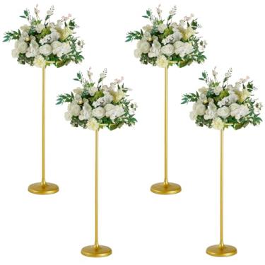 Imagem de Fullvaseer 4 peças de suporte de flores de casamento de 100 cm de altura para mesas, centros de mesa dourados, vaso de metal para flores, para festas, eventos, recepções de casamento