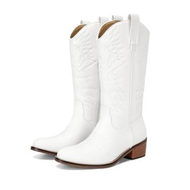 Imagem de Dsevht Feminino Botas de Cowboy Brancas Para, Botas Curtas de Cano Médio Ocidental, Bordado, Salto Bloco Grosso, para Primavera e Verão