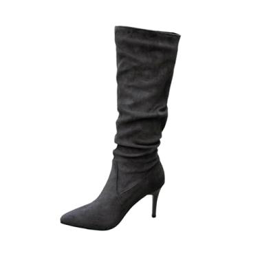 Imagem de Botas femininas modernas, casuais, versáteis, modernas, modernas, com salto alto, salto alto, salto médio, botas de cano médio, botas de cano alto flocadas, confortáveis, quentes, elegantes, Cinza