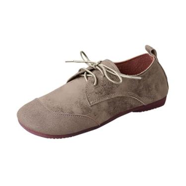 Imagem de Mocassins femininos elegantes casuais versáteis plus size respiráveis com bico redondo fechado com cadarço frontal sola macia, Bege, 35