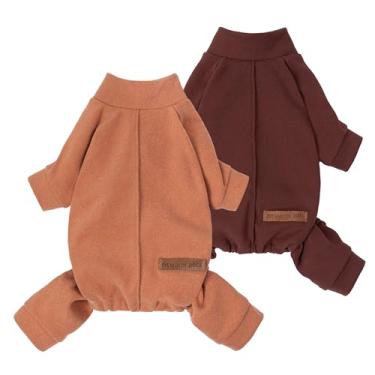 Imagem de Fitwarm Pacote com 2 pijamas leves de lã, roupa de Ação de Graças para cães pequenos, meninos e meninas, macacão aconchegante para animais de estimação com pés, laranja, marrom, GG