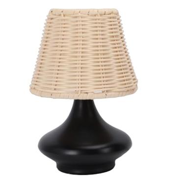 Imagem de Asixxsix Abajur de mesa de cabeceira em rattan, estilo vintage, da Bambusoideae, feito em rattan trançado, pequeno abajur de cabeceira para quarto e sala de estar. (Preto)
