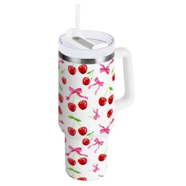 Imagem de SEHANY Copo de cereja fofo de 1,134 g com alça, copo isolado de aço inoxidável de parede dupla, à prova de vazamento, caneca de café isolada para viagem, cabe no suporte de copo de carro