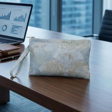 Imagem de Bolsa de telefone de lona jacquard rosa dourada – Mini bolsa de mão, bolsa de armazenamento multifuncional para cartões e pequenos itens essenciais, Azul