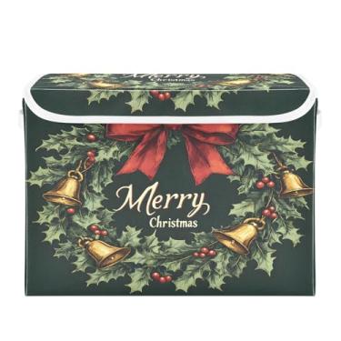 Imagem de Wassud Cestas de armazenamento de Natal com tampas Guirlanda de Natal com folhas de azevinho caixas dobráveis de tecido empilhável cestas de linho organizador de armário recipiente 42 x 32 x 30 cm