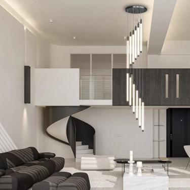 Imagem de Lustre moderno de LED com luminária pendente preta em formato de espiral, ideal para escadas, com altura ajustável e design decorativo para tetos altos, perfeito para salas de jantar, cozinh