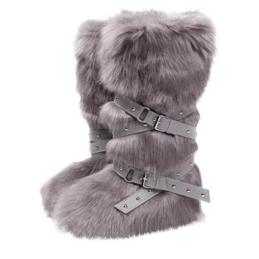 Imagem de Botas de neve femininas modernas, casuais, de salto plano, cano alto, quente, inverno, cano longo, picante, alça, plus de veludo, cabeça redonda, cano médio, Cinza, 15