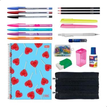 Imagem de Kit Material Escolar Feminino Caderno Tilibra 10 Matérias Estojo + 20 