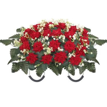 Imagem de Lodou Sela de flor de lápide – Grandes flores artificiais de cemitério para decoração de túmulos, arranjo floral realista em memória de rosa de seda, perfeito para decorações de túmulos ao ar livre