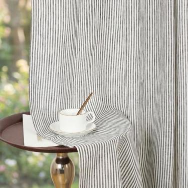 Imagem de HSOFTIFY 100% linho puro bolso para varão com cortinas riscas, 132 x 150 cm cortinas de janela texturizadas de linho natural para sala de estar, quarto, jantar, 1 painel, preto e branco