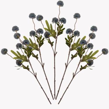 Imagem de LESING 5 peças de flores artificiais de haste longa com eucalipto, seda falsa bola de crisântemos, hastes de flores artificiais, pompom artificial, flores para mãe, decoração de arranjos florais a