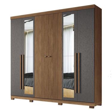 Imagem de Guarda Roupa Casal Ripado 6 Portas Buriti Com Espelho E Pés Jatobá Grafite Acetinado - Santos Andirá