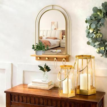 Imagem de BAODANFU Espelho de parede dourado com ganchos, espelho de banheiro com prateleira de madeira dobrável, espelhos de maquiagem arqueados de 50 x 76 cm decorativos para entrada, quarto, vestiário