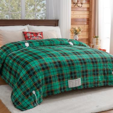 Imagem de Cobertor elétrico aquecido, tamanho Queen, cobertor de Natal 203 x 238 cm com controle duplo e 10 níveis de aquecimento e temporizador para cama, cobertor de lã de ovelha xadrez verde aquecedor Queen
