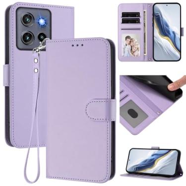 Imagem de Capa carteira compatível com Motorola Edge 50 Neo 5G, capa fina de couro com compartimentos para cartões, alça de pulso e suporte, capa protetora à prova de choque para homens e mulheres (roxo claro)