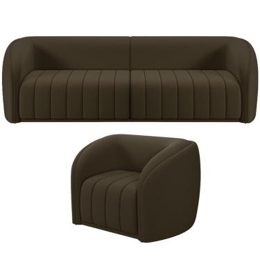 Imagem de Kit Sofá 4 Lugares Para Sala Estar 292 Cm Com 01 Poltrona Lazio M03 Veludo Marrom - Lyam Decor