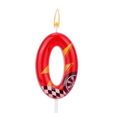 Imagem de Vela de aniversário temática de carros de corrida, vela vermelha com número de relâmpago, topo de bolo perfeito e artigos de decoração de aniversário e festa temática (número 0)