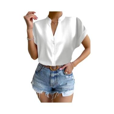 Imagem de Blusa feminina de botão de couro PU, Turn Down Collar, Bodycon Working