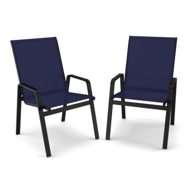 Imagem de Kit 2 Cadeira Riviera Piscina Praia Alumínio Preto Tela Azul