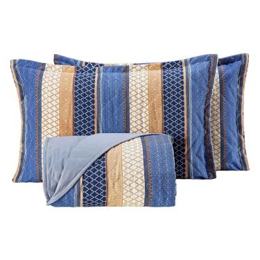 Imagem de Kit Colcha Cobre Leito Queen Estampado Atenas Geométrico Azul Dupla Face Com Fronhas 03...