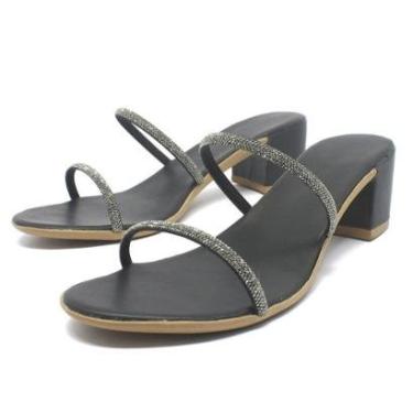 Imagem de Sandália Salto Bloco Feminina Médio Tamanco Strass Brilho-Feminino