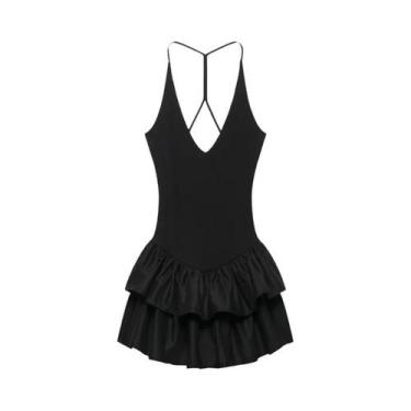 Imagem de Vestido Mini Rosa Halter Feminino Chique Com Decote V E Camadas De Bab