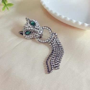 Imagem de Broche Cabeça de Leopardo com Pedras e Franjas Brilhantes - Pistache A