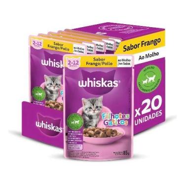 Imagem de Caixa com 20 Sachês Whiskas para gatos filhotes sabor frango ao molho 