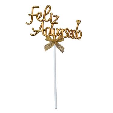 Imagem de Topo de Bolo Feliz Aniversário Metalizado com Laço 21CM Plástico Dourado Extra Festas