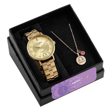 Imagem de Kit Relógio Analógico Masculino Signo Libra Pulseira Dourado Efeito Aço Escovado com Pedras Mondaine 4CM