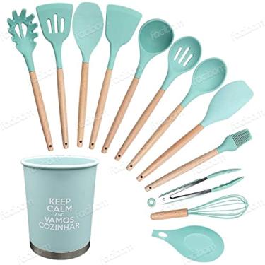Imagem de 13 Peças Kit Utensílios Cozinha Silicone Colher Copo Suporte Cor:Azul-turquesa
