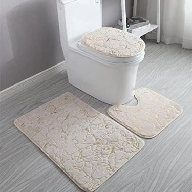 Imagem de Tapetes de chão de banheiro com estampagem a quente Conjunto de três peças de mármore de pelúcia Padrão de decoração de banheiro com deslizamento a quente Tapete antiderrapante, off white