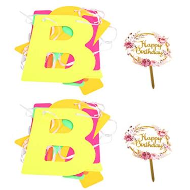 Imagem de 2 conjuntos de decoração de banner de aniversário, cartão de carta de feliz aniversário flor inserção de bolo de acrílico para crianças e adultos suprimentos de festa reutilizáveis