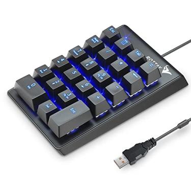 Imagem de Rottay Teclado numérico mecânico com fio USB com teclado numérico com LED azul retroiluminado 22 teclas para laptop, desktop, PC, preto (interruptores azuis)