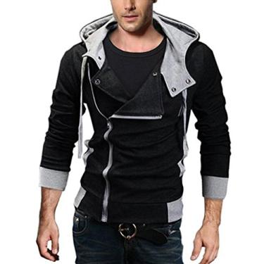 Imagem de Bestgift Moletom masculino de algodão com capuz e zíper diagonal, Preto, 3XL