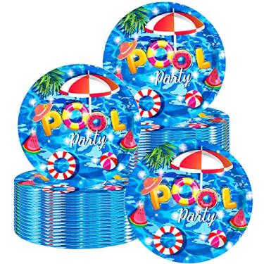Imagem de HSPAIDYP Pratos de mesa para festa na piscina, suprimentos para festa na praia, 18 cm, pratos de papel para festa de verão na piscina, tema praia, decorações de festa de aniversário | Serve 50