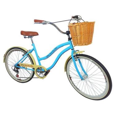 Imagem de Bicicleta Feminina Aro 26 Adulto Retrô Cesta Vime Azul Bb - Maria Clar