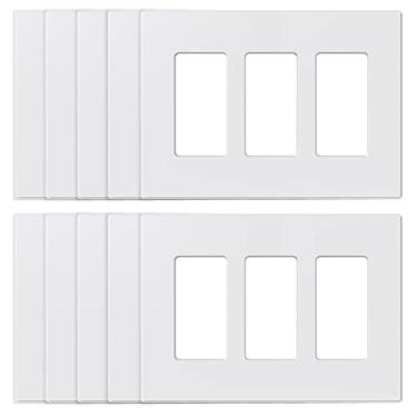 Imagem de ELEGRP Placas de parede decorativas sem parafusos de 3 entradas, tampa de placa frontal termoplástica inquebrável de tamanho médio para interruptor de tomada de receptáculo de decoração, listado pelo UL (pacote com 10, branco fosco)