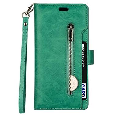 Imagem de Capa para iPhone 13, carteira de couro PU Folio Flip Case com zíper bolso slots para cartão fecho magnético capa protetora à prova de choque com alça de pulso para iPhone 13 (verde)